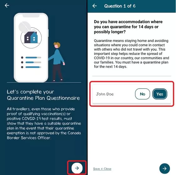 برنامه قرنطینه در ArriveCAN