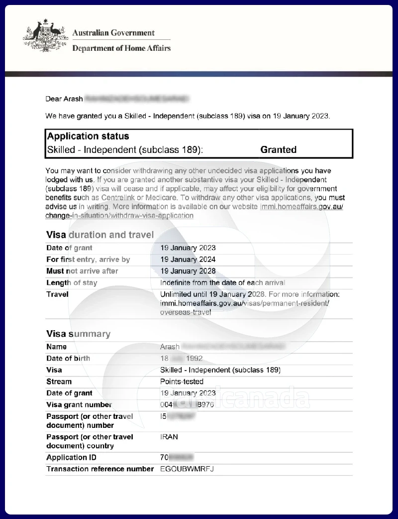 نمونه ویزای 189 استرالیا در پارسی کانادا