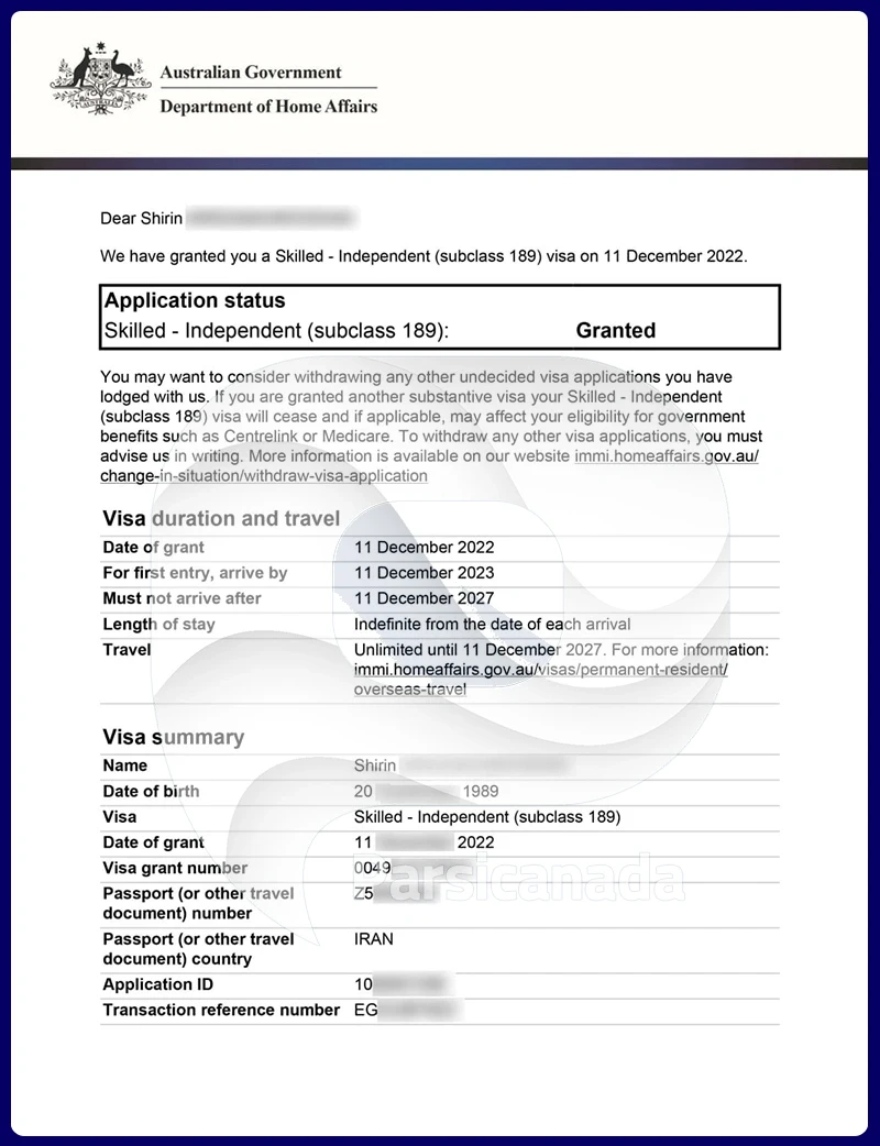 نمونه ویزای 189 استرالیا در پارسی کانادا