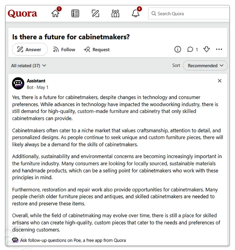 نظر کاربر دیگر در مورد آینده شغلی کابینت سازی در کانادا در سایت Quora