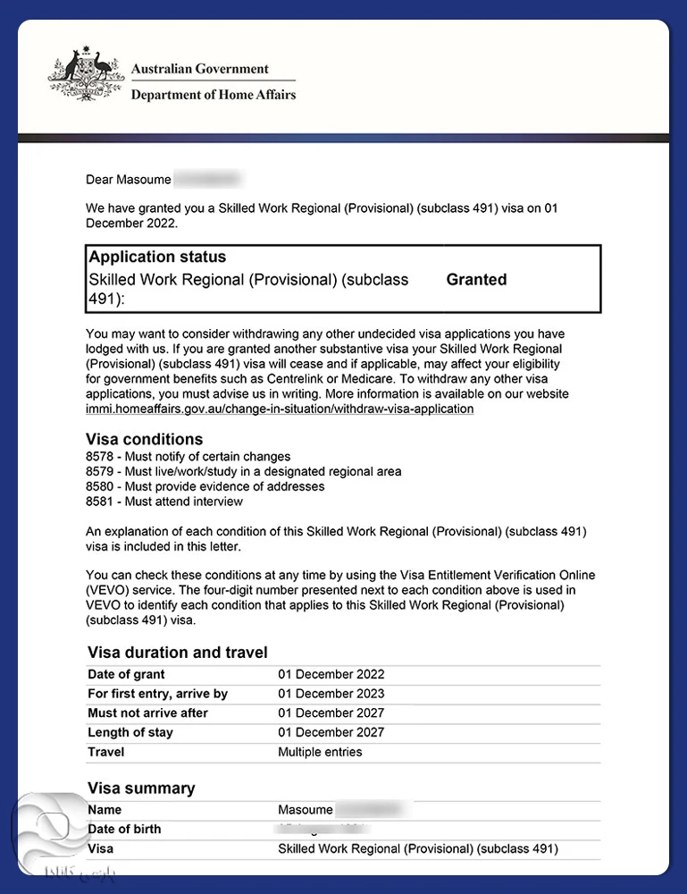 نمونه ویزای 189 استرالیا در پارسی کانادا